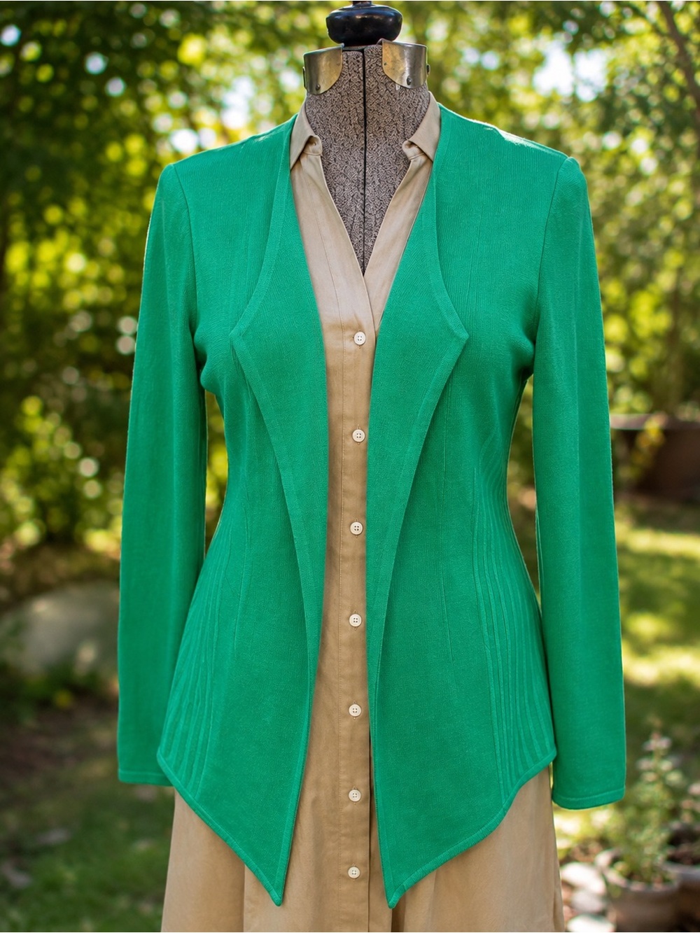 Ming Wang Green Draped Open Front Knit Cardigan